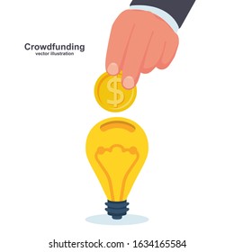 Crowdfunding concept. Business model funding project. Crowd funding. Teamwork. Businessman put money coins common idea. Vector illustration flat design. Isolated on background.