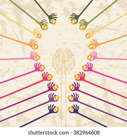 Crowdfunding concept with colorful hands holding money to give their support around the brain in shape of light bulb.