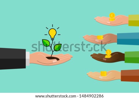 Crowdfunding concept in flat design. Hand holding light bulb as idea symbol and others donating money.