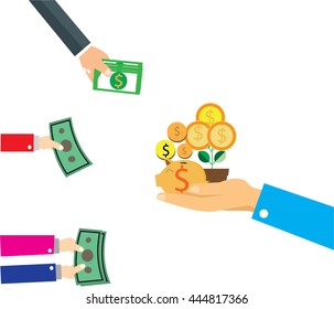 crowdfunding concept in flat style - new business model - funding project by raising monetary contributions from crowd of people