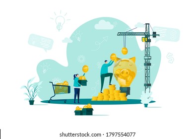 Crowdfunding concept in flat style. Sponsor investing into business startup scene. Crowdfunding platform for money donation web banner. Vector illustration with people characters in work situation.