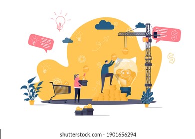 Concepto de crowdfunding en estilo plano. Patrocinador invirtiendo en la escena de las nuevas empresas. Plataforma de financiamiento colectivo para banner web de donación de dinero. Ilustración vectorial con personajes de personas en situación laboral.
