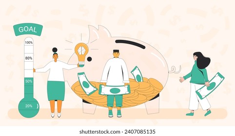 Crowdfunding concept. Founder pitching about business educational idea for sponsors. Startup goal. People with light bulb, thermometer and piggybank moneybox. Fundraising event. Vector illustration.