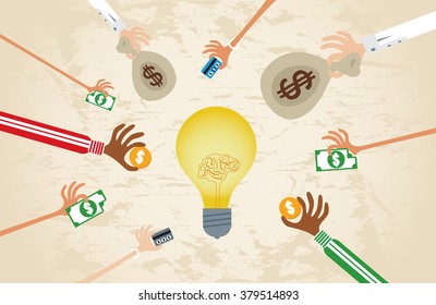 Crowdfunding concept with hands holding money to give their support around brain light bulb idea.