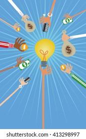 Crowdfunding concept with hands holding money to give their support around light bulb idea.