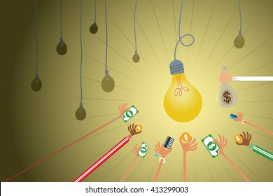 Crowdfunding concept with hands holding money to give their support around bright light bulb idea.