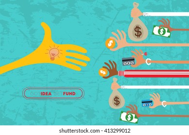 Crowdfunding concept with hands holding money to give their support the idea.