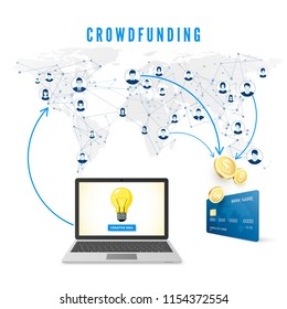 Crowdfunding concept. Idea is share in the network and people donate money for project development. Light bulb on the laptop screen idea and coins falling on credit card donations. Vector illustration