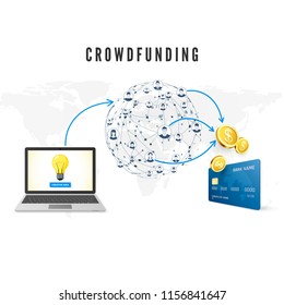 Crowdfunding concept. People from global network donating money for Business Idea and help develop project. vector illustration