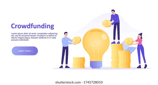 Crowdfunding concept. People investing money in big idea or business startup. Entrepreneur business strategy. Online service for raising money. Landing page template. Web banner. Vector illustration