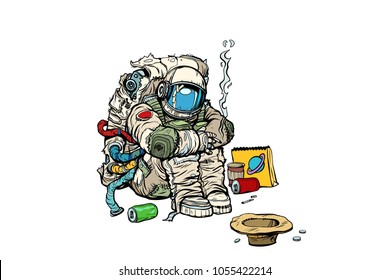 Crowdfunding concept. A poor homeless astronaut asks for money. Isolated on white background. Pop art retro comic book cartoon drawing vector illustration kitsch vintage