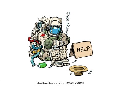 Crowdfunding concept. A poor homeless astronaut asks for money. Isolated on white background. Pop art retro comic book cartoon drawing vector illustration kitsch vintage