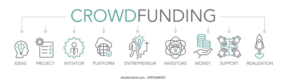 Concepto de crowdfunding, práctica de financiar un proyecto o emprendimiento recaudando dinero de un Grande número de personas. Palabras claves e iconos vectoriales de línea fina editables de dos tonos