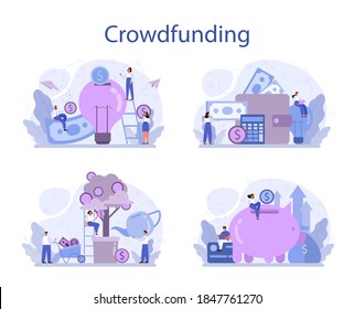 Conjunto de conceptos de financiación colectiva. Apoyo financiero a nuevos proyectos empresariales. Invertir en una nueva empresa innovadora. Ilustración vectorial aislada en estilo de dibujos animados
