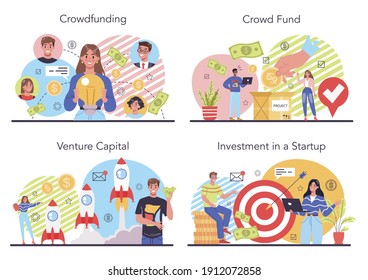 Crowdfunding concept set. Financial support of new business project. Investment into innovative start up. Isolated vector illustration in cartoon style