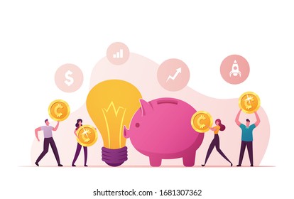 Crowdfunding Concept. Tiny People Inserting Golden Coins to Huge Piggy Bank and Glowing Light Bulb beside. Characters Collect Money for Startup Business Idea Development. Cartoon Vector Illustration