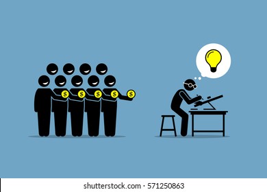 Crowdfunding or crowd funding. Vector artwork depicts raising money from the people by working on a project or venture that has a good bright idea.