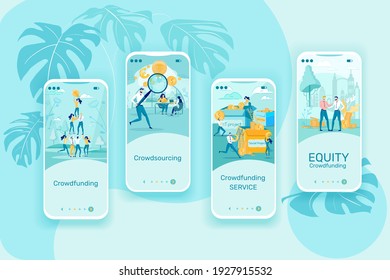 Crowdfunding, Crowdsourcing, Equity Crowdfunding. On Screens Smartphones Shown different Types Collecting Finance and Unique Knowledge Through Internet. Pyramids People, Office Work, Put Money in Box.