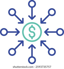 Crowdfunding Dollars outline dual color vector illustration icon design