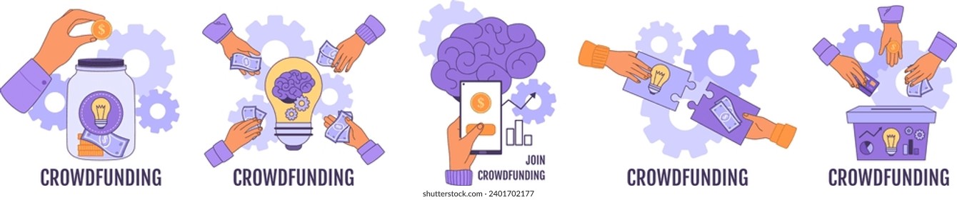 Donación de crowdfunding. Apoyo financiero colectivo para la creación de empresas o proyectos comunitarios. Campaña de crowdfunding ilustrativo conjunto de apoyo de crowdfunding