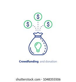 Crowdfunding and donation concept, raising money, financial investment, finance consolidation, idea light bulb, start up business fund, vector line icon