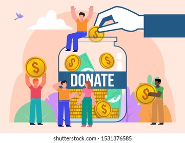 Crowdfunding, donation, fundraising for charity. Group of people with coins stand near big jar for money. Poster for social media, web page, banner, presentation. Flat design vector illustration