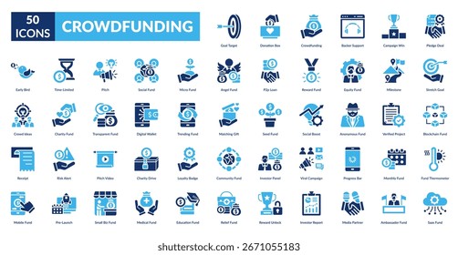 ícone de preenchimento de crowdfunding definido. Meta alvo, caixa de doação, crowdfunding, apoio financeiro, vitória da campanha, acordo prometido, objetivo estendido