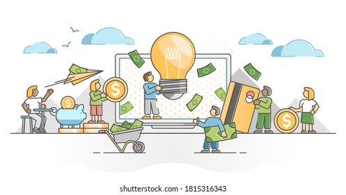 Crowdfunding financial investment for startup innovative idea outline concept. Collective money funding for new business growth support vector illustration. Entrepreneur investment in creative product