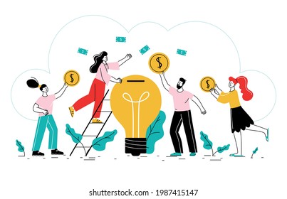 Crowdfunding flat background with business idea finance investors revenue and business growth symbols vector illustration