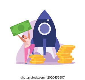 Crowdfunding flat colored icon with rocket coins and man holding banknote vector illustration