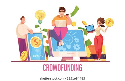 Crowdfunding flat concept with mobile gadgets and online money donation symbols vector illustration