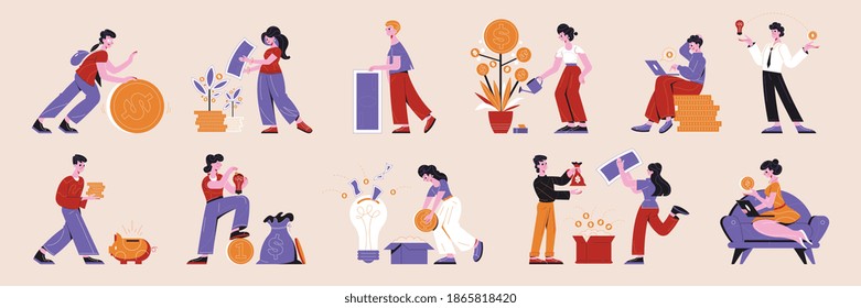 Iconos horizontales planos de financiación colectiva con gente regando monedas rodante de árboles de dinero salvando billetes ilustración vectorial 
