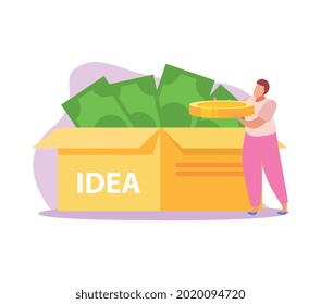 Crowdfunding flat icon with box of banknotes and male character holding coin vector illustration
