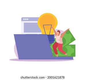 Crowdfunding flat icon with laptop banknotes and human character vector illustration