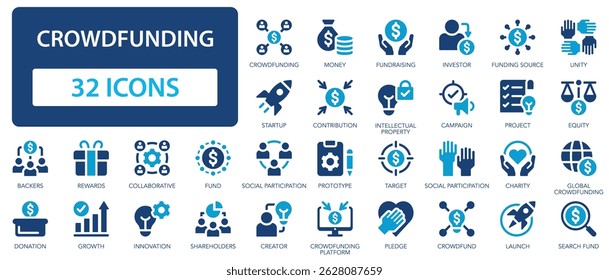 Crowdfunding flat icons collection. Fundraising, investor, unity, equity, backers, rewards, donation, charity, fund sign set.