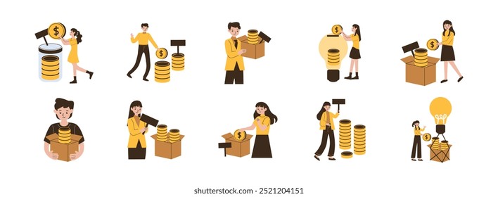 Crowdfunding flat illustration set. Include of crowdfunding, finance, donation, contribution, and teamwork. Vector illustration isolated.