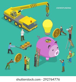 Crowdfunding flat isometric vector conceptual illustration. People are putting money to piggy bank and placing bulb on it.