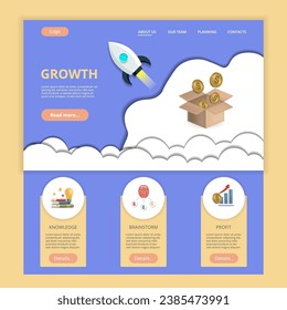 Crowdfunding flat landing page website template. Knowledge, brainstrorm, profit. Web banner with header, content and footer. Vector illustration.