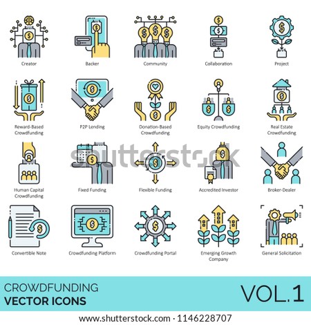 Crowdfunding flat vector icons. Creator, backer, community, collaboration, reward-based, p2p lending, equity, real estate, human capital, fixed funding, accredited investor, broker-dealer, platform.