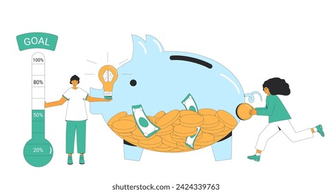 Financiación colectiva. Fundador que habla sobre la idea educativa de negocios para los patrocinadores. Objetivo de inicio. Personas con bombilla, termómetro y alcancía de vidrio. Símbolo de evento de recaudación de fondos. Ilustración vectorial.