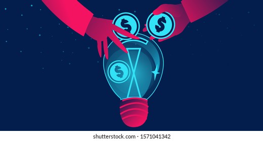 Crowdfunding, fundraising, donation or sponsoring business concept with light bulb as money bank jar