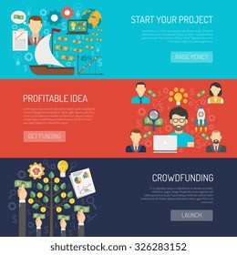 Crowdfunding horizontal banner set with startup idea and investment elements isolated vector illustration