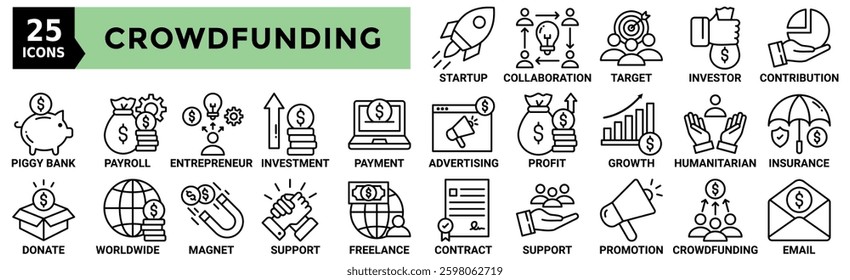 Crowdfunding icon collection set. Containing startup, collaboration, target, investor, contribution, piggy bank, payroll and more. Outline vector icons collection	