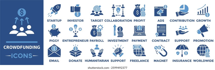 Crowdfunding icon collection set. Containing startup, collaboration, target, investor, contribution, piggy bank, payroll and more. Solid vector icons collection