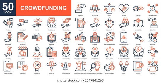 Conjunto de coleta de ícones de crowdfunding. Investimento, social, doação, captação de recursos, negócios, ícone de serviço público. Vetor de cor de linha simples.