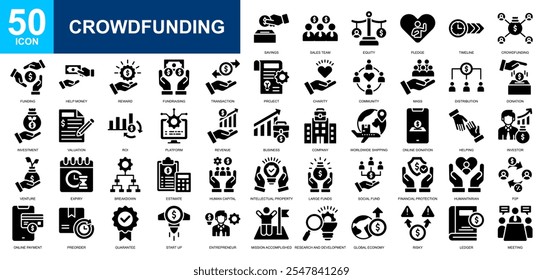 Conjunto de coleta de ícones de crowdfunding. Investimento, social, doação, captação de recursos, negócios, ícone de serviço público. Vetor de glifo simples.