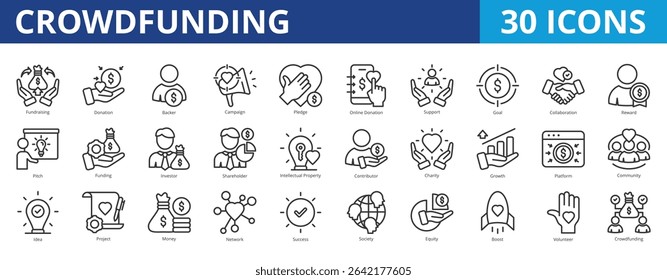 Crowdfunding icon pack collection set for business finance and capital startup. With fundraising, donation, campaign, pledge, donation, support, collaboration, investment, volunteer, angel investor