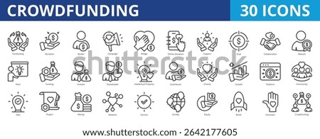 Crowdfunding icon pack collection set for business finance and capital startup. With fundraising, donation, campaign, pledge, donation, support, collaboration, investment, volunteer, angel investor
