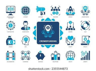 Crowdfunding icon set. Charity, Volunteers, Internet, Project, Investors, Startup, Growth, Fundrising. Duotone color solid icons