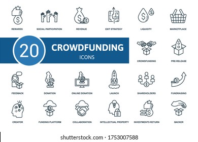 Crowdfunding icon set. Collection contain crowdfunding, creator, pre-release, fundraising and over icons. Crowdfunding elements set.